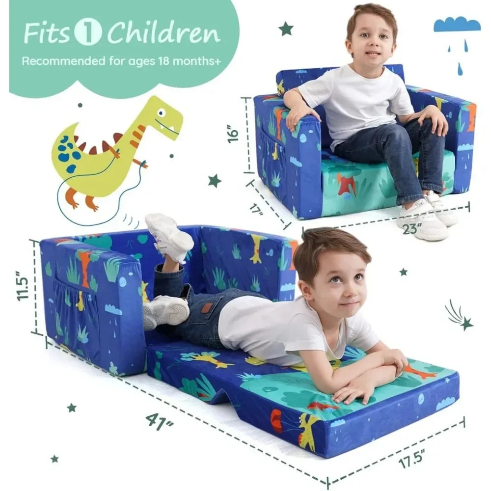 Kids Couch: Toddler Sofa Bed Fold Out for Gilrs Boys Baby Flip Out Convertible Lounge Chair Dinosaur