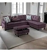 L Shaped Sofa with Ottoman Modern Nail-Head Design Linen Facing Sectional Couches with Cup Holder for Living Room etc.