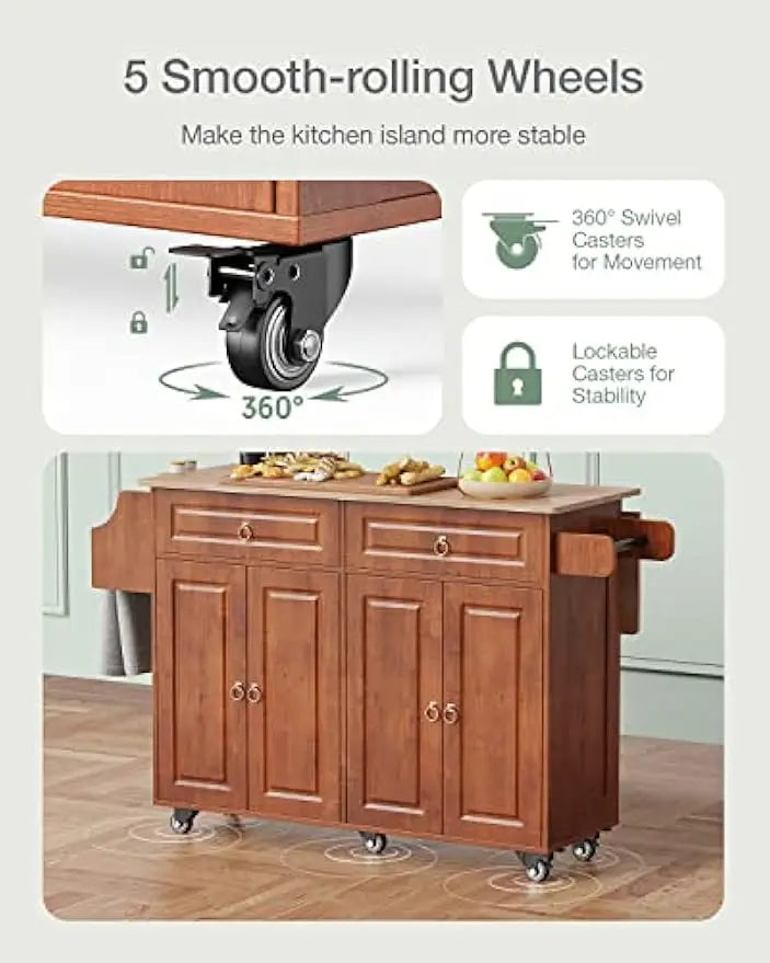 Kitchen Island with Drop Leaf and Storage, on Wheels Two Drawers, Large Storage Cabinet, Towel Rack Spice Cart Brown