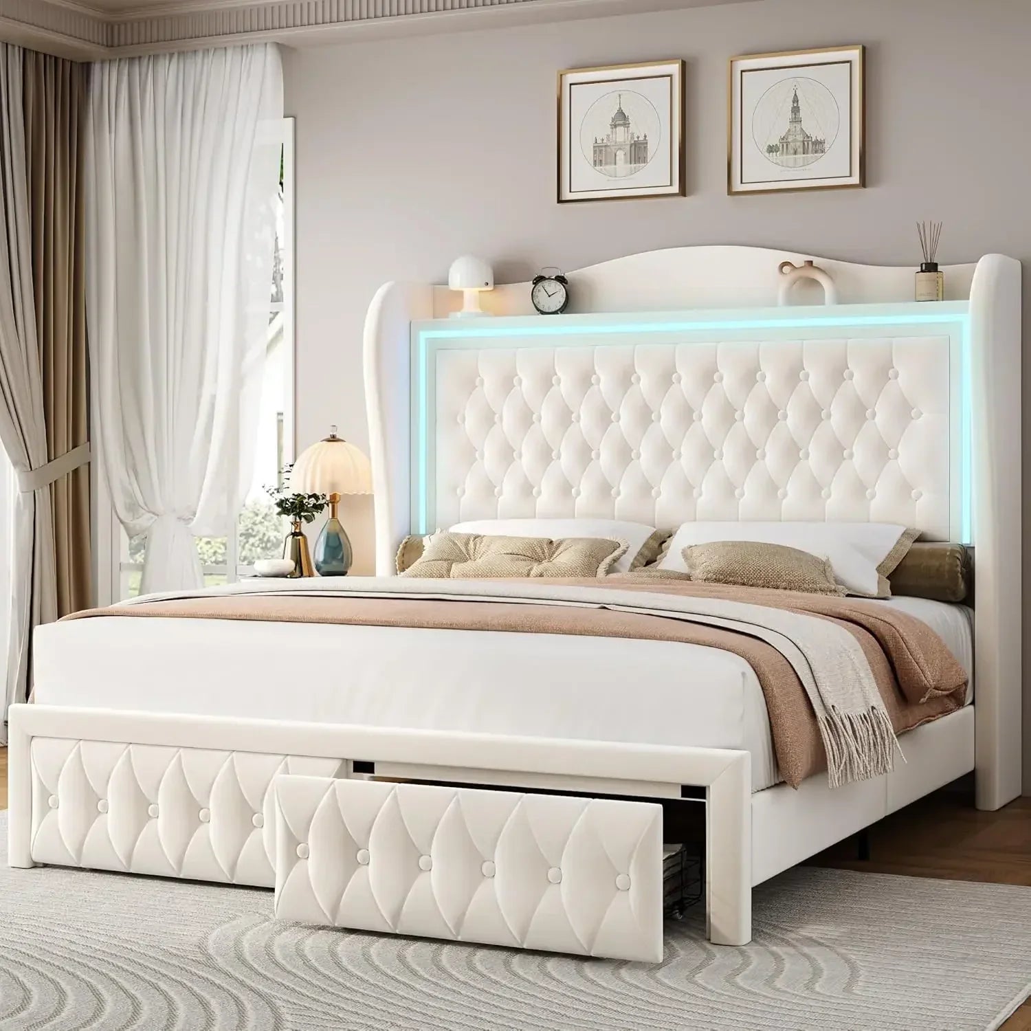 55 in Bed Frame, High Headboard LED Lights,Velvet Upholstery,2Storage Drawers, No Mattress Spring Required, Platform Bed Frame