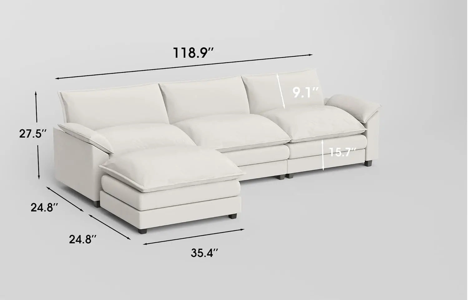 119” Modular Sectional Sofa Couch, Modern Wide Arm L Shaped Couch with Deep Seat and Reversible Ottoman