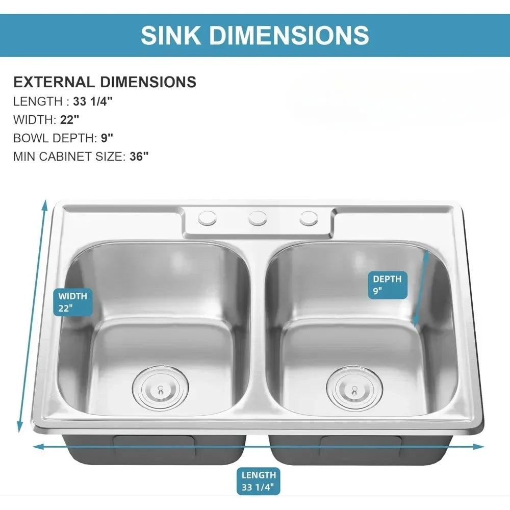 33 Inch Double Bowl Drop in 50/50 Kitchen Sink Top Mounted 18 Gauge 304 Stainless Steel Sink with Strainer,33" X 22" X 9"