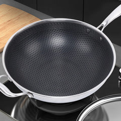 Stainless Steel Non Stick Double Sided Screen Honeycomb Wok Frying Pan Kitchen Chinese Cast Cooking Fry Pan 34cm