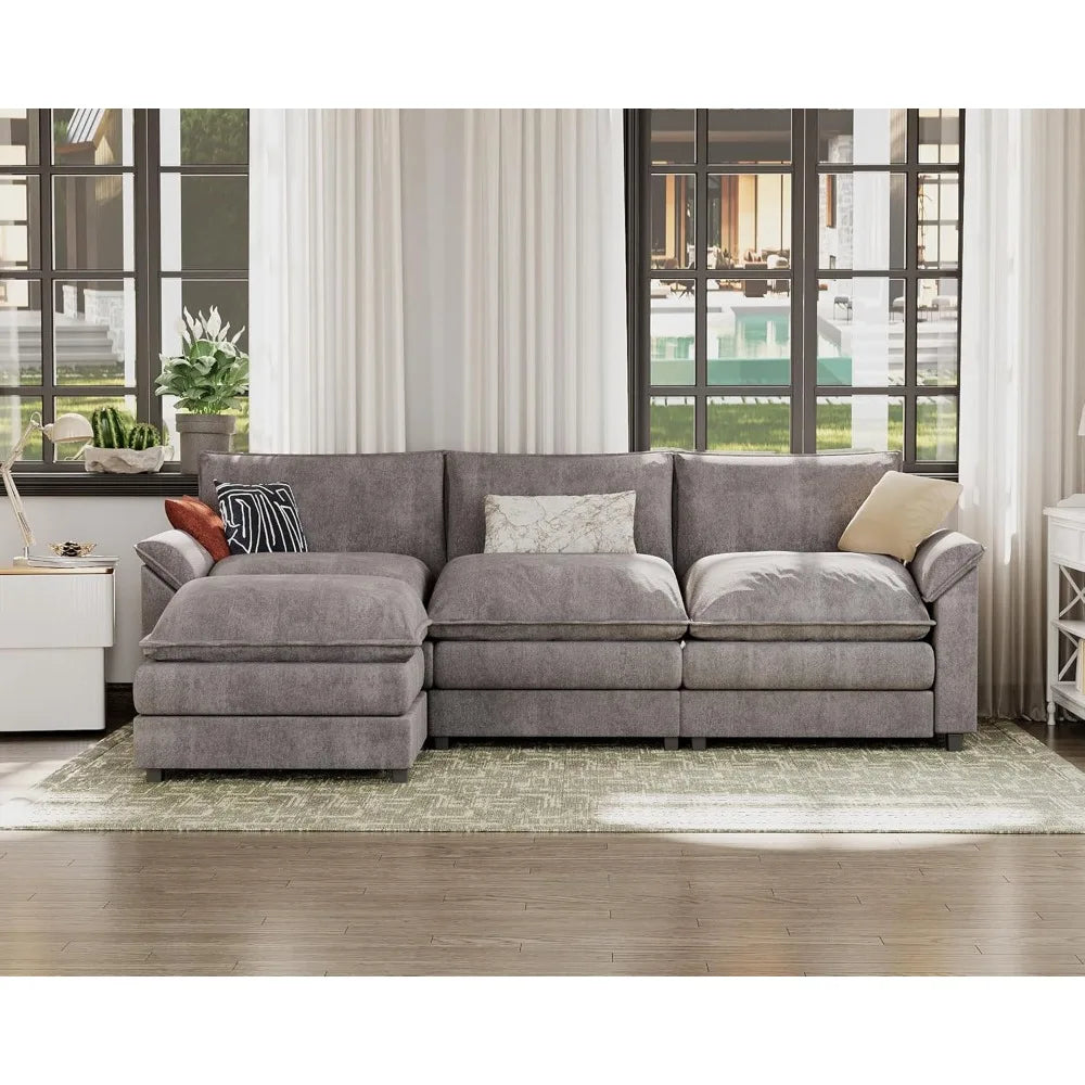 119” Modular Sectional Sofa Couch, Modern Wide Arm L Shaped Couch with Deep Seat and Reversible Ottoman