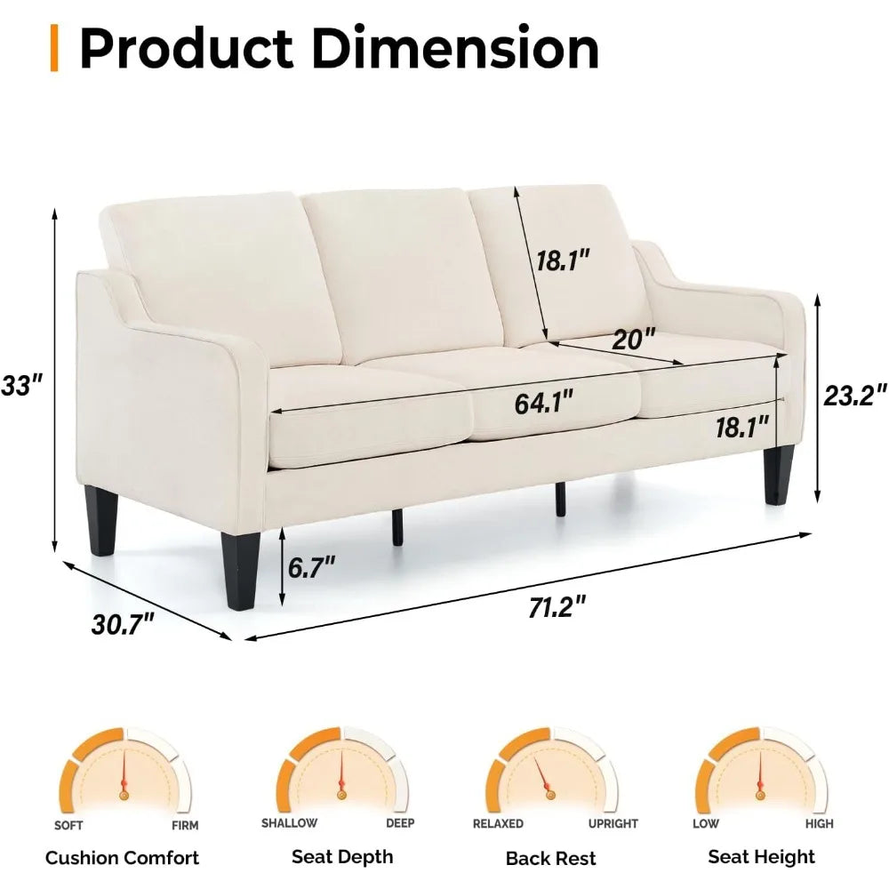 Small Couch Sofa 71" Comfy Couches for Living Room 3 Seat Sofa for Small Spaces, Bedroom, Apartment, Studio,Living Room Sofa