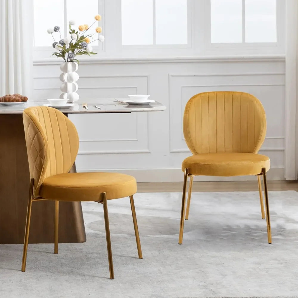 Dining Chairs Set of 4,Velvet Yellow Chairs,Modern Upholstered Vanity Chairs with Golden Metal Leg for Kitchen