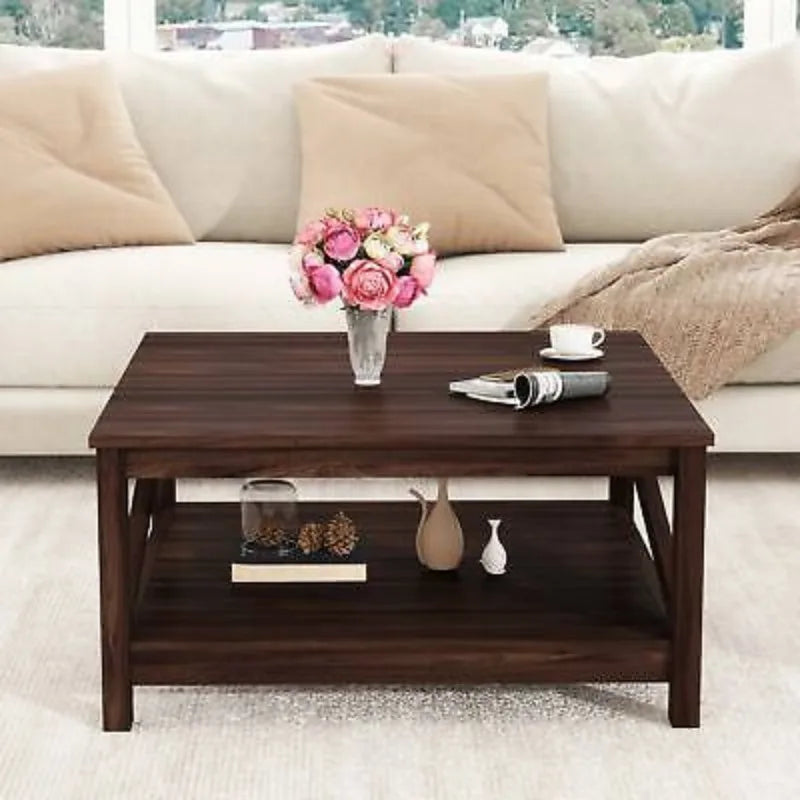 31.5" Modern Square Wood Coffee Table With Open Storage Shelf For Living Room