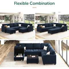 Velvet Modular Sectional Sofa, Convertible L Shaped Sofa Couch with Storage Top Tray Ottoman Corner Couch,Dark Blue