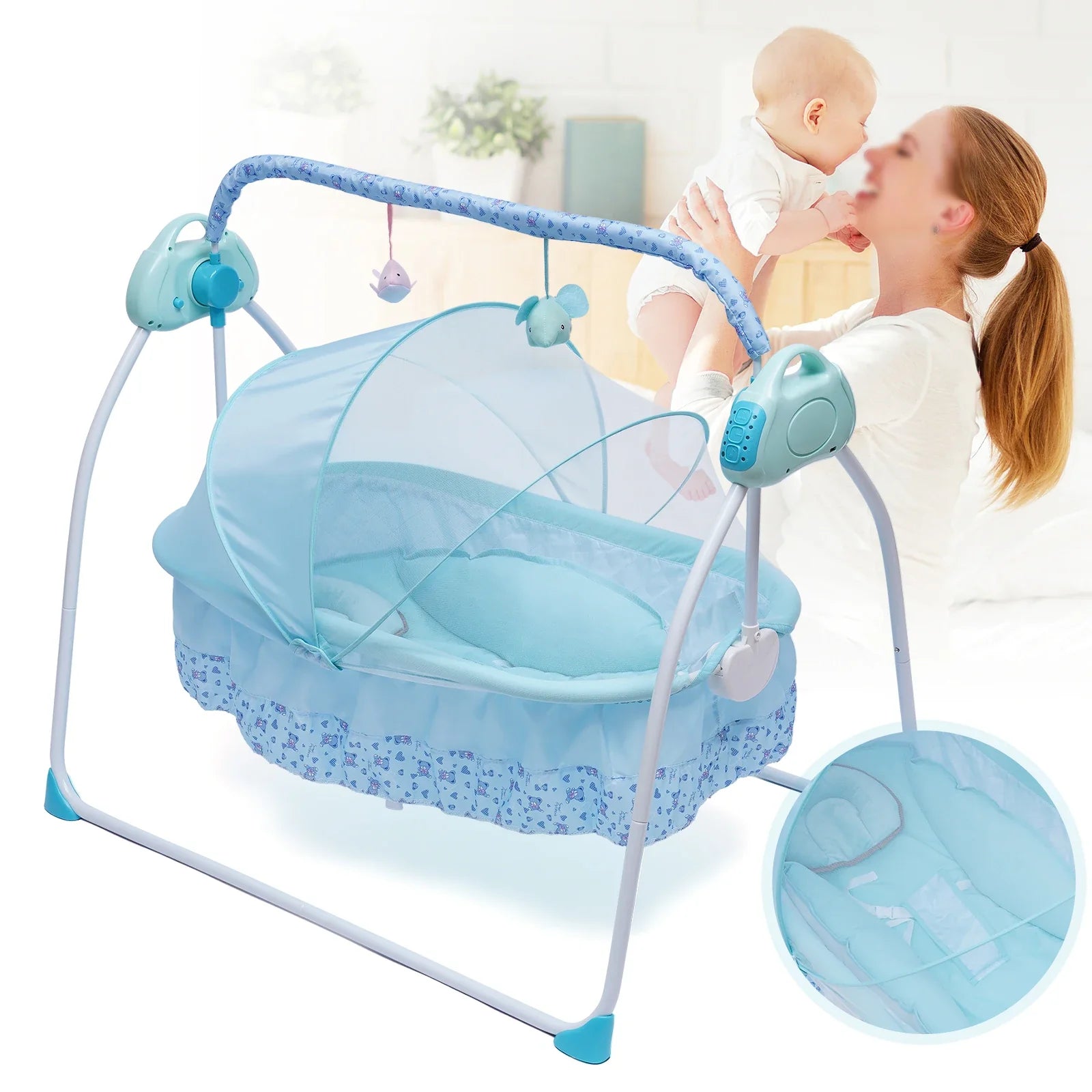 Electric Baby Cradle Auto Swing Rocker Cot Infant Sleeping Bed Swing Crib Kit Timer+Bluetooth Music+Mat+Pillow 5Gears Adjustable