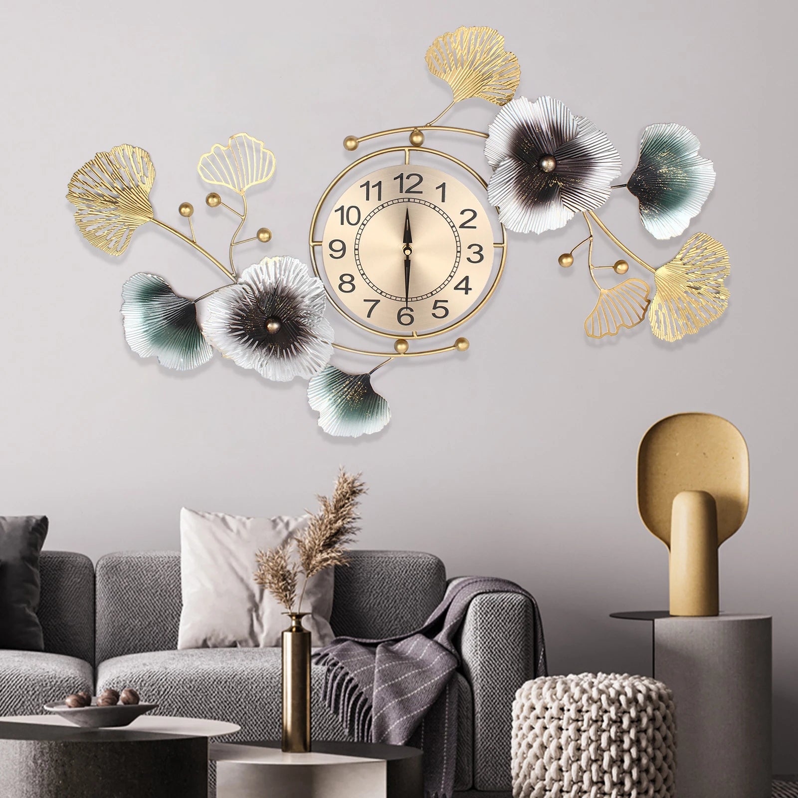 Light Luxury Atmosphere Ginkgo Leaf Wall Clock Mute DIY Large Wall Clock Modern Arabic Numerals Metal Material Home Office Decor