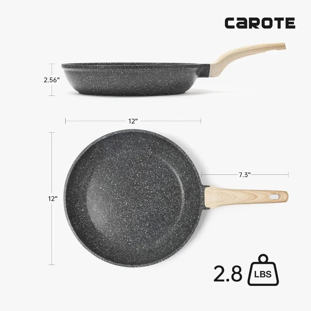 CAROTE Nonstick Frying Pan Skillet,12" Non Stick Fry Pan with Glass Lid, Egg  Omelet Pans,  Cookware Chef's