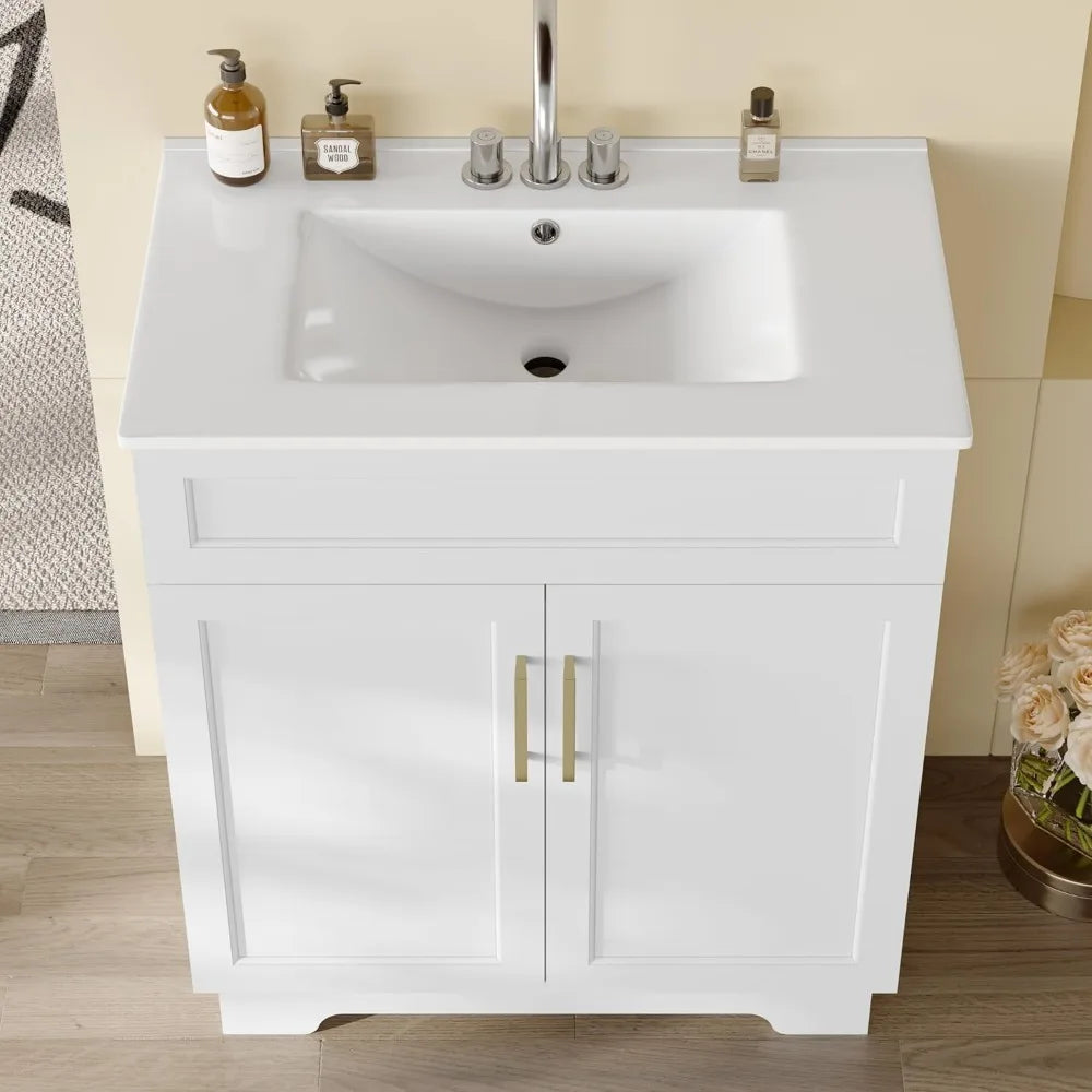 Bathroom Vanity with Ceramic Sink, 30" Freestanding Bathroom Cabinet Vanity with Storage, Quick Assembly Bathroom Vanity