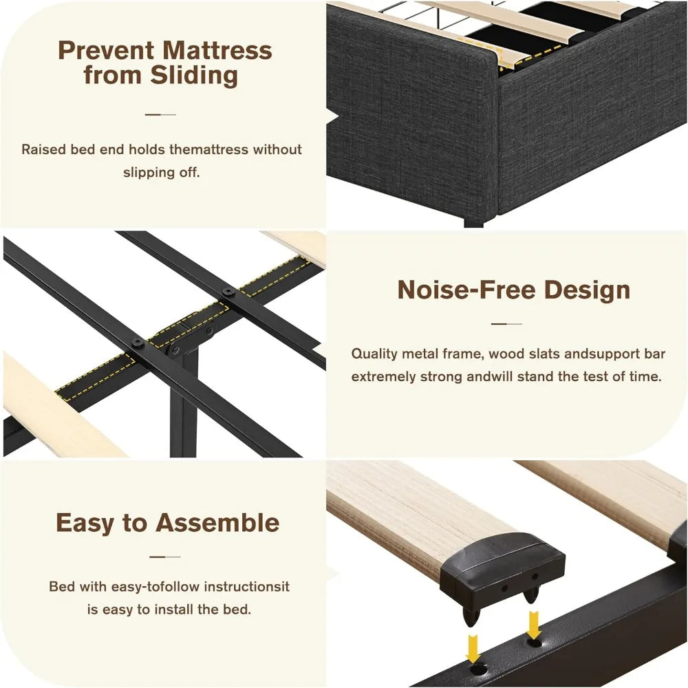 Queen Bed Frame with 4 Storage Drawers, LED Bed Frame with Charging Station and Adjustable Tall Bookcase Headboard