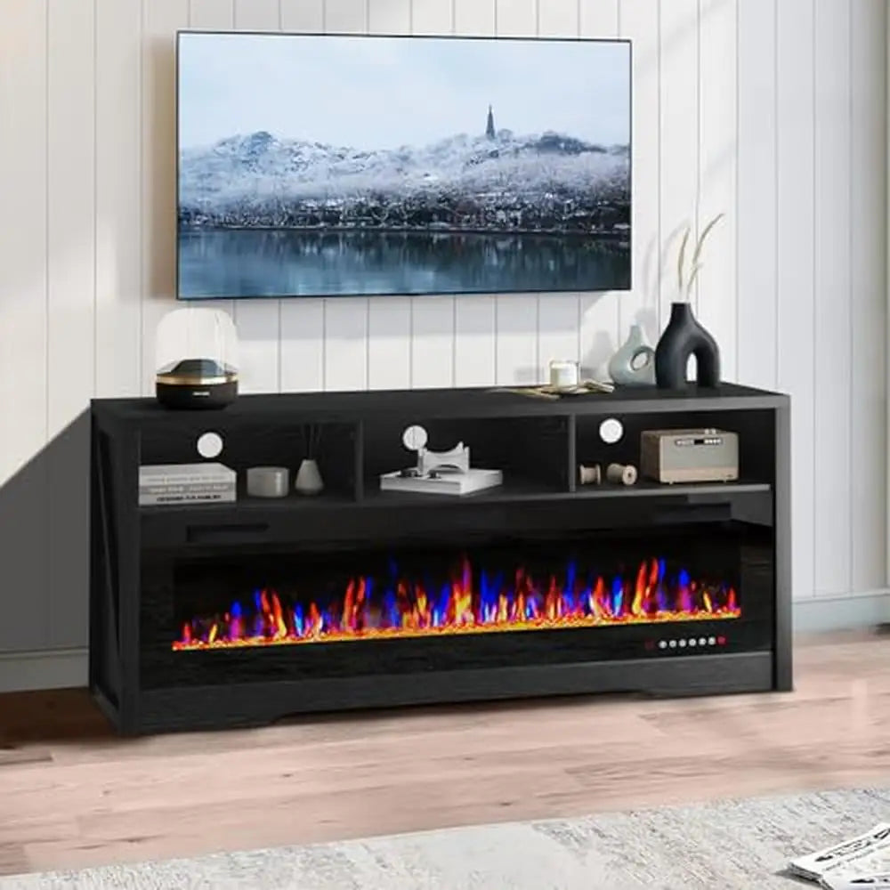 60" Electric Fireplace TV Stand Entertainment Center Open Shelve Storage 75" TVs Multi-Function Remote Control 400 Sq Ft Rooms