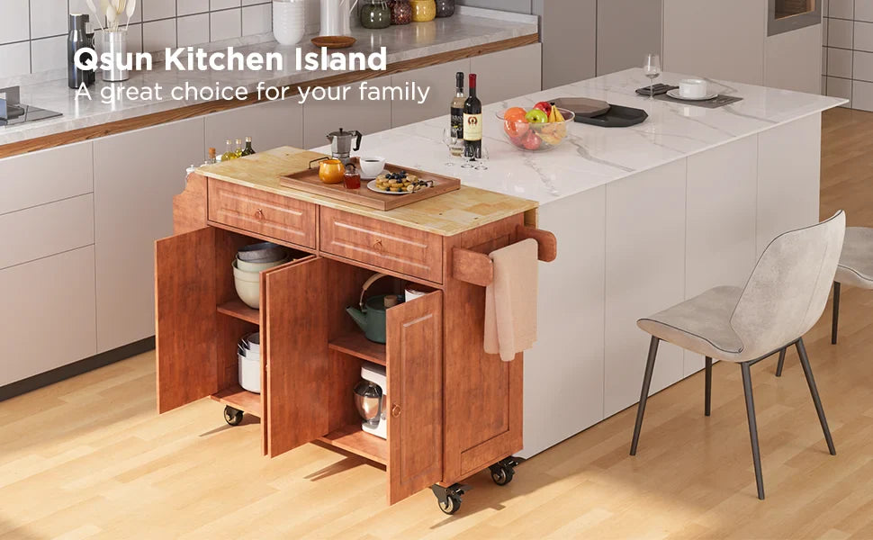 Kitchen Island with Drop Leaf and Storage, on Wheels Two Drawers, Large Storage Cabinet, Towel Rack Spice Cart Brown