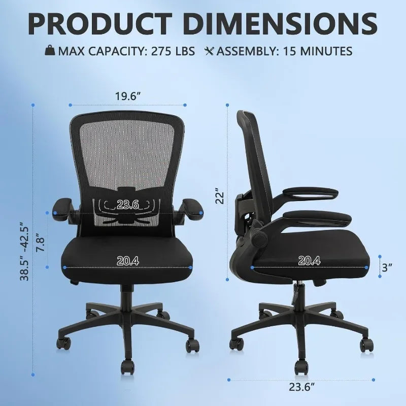 Desk Chairs with Wheels, Ergonomic Mesh Office Chair Adjustable Height and Swivel Lumbar Support  Chair with Flip Up Armrests