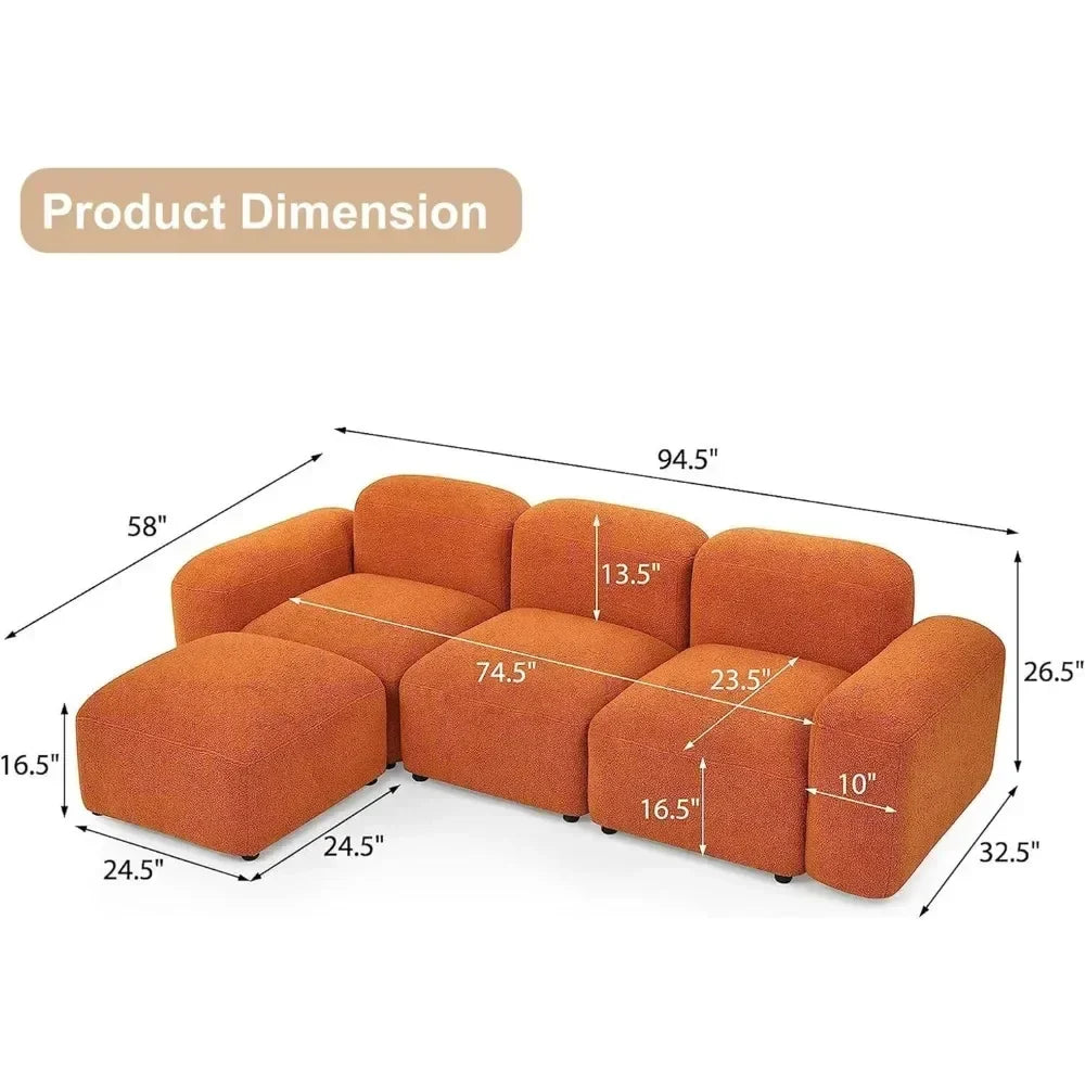 Convertible L Shaped Couch, 94.5" Modern Minimalist Cloud Couches for Living Room Set, Comfy Teddy Fabric Sofa