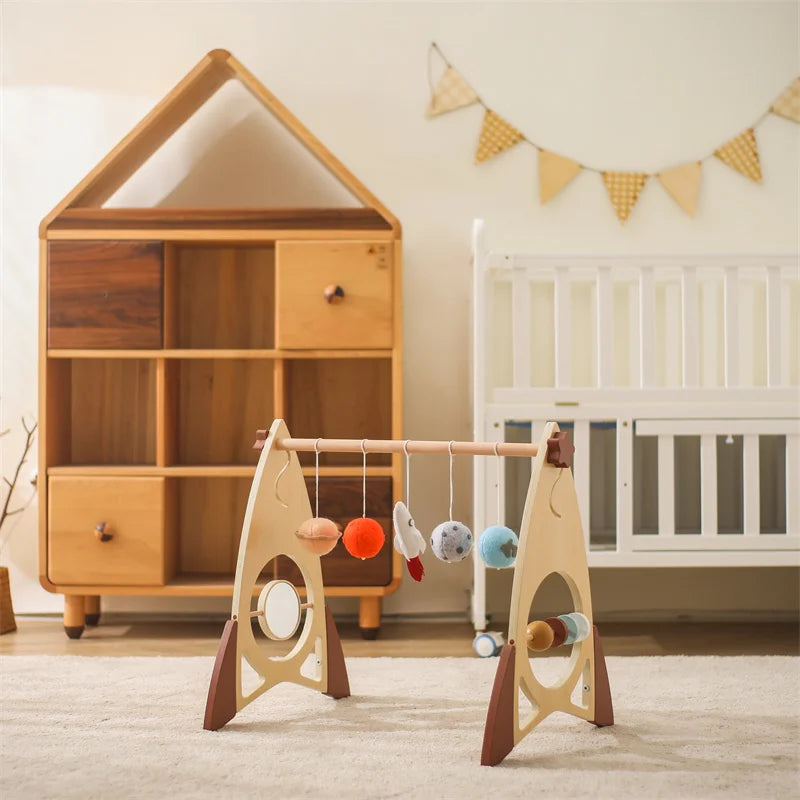 Baby Wooden Gym Frame Rocket Model Newborn Play Gym Activity Celestial Hanging Pendant Rattle For Baby Education Montessori Toys