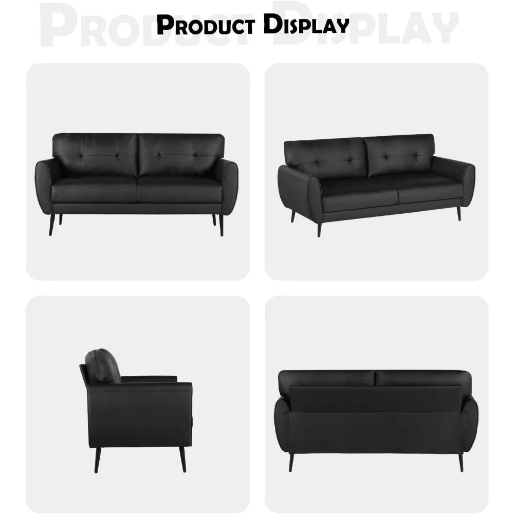 Sofa Couch, 60" Loveseat Sofa for Living Room, Mid Century Mini Black Couch, Tufted Leather Love Seat Furniture,Living Room Sofa