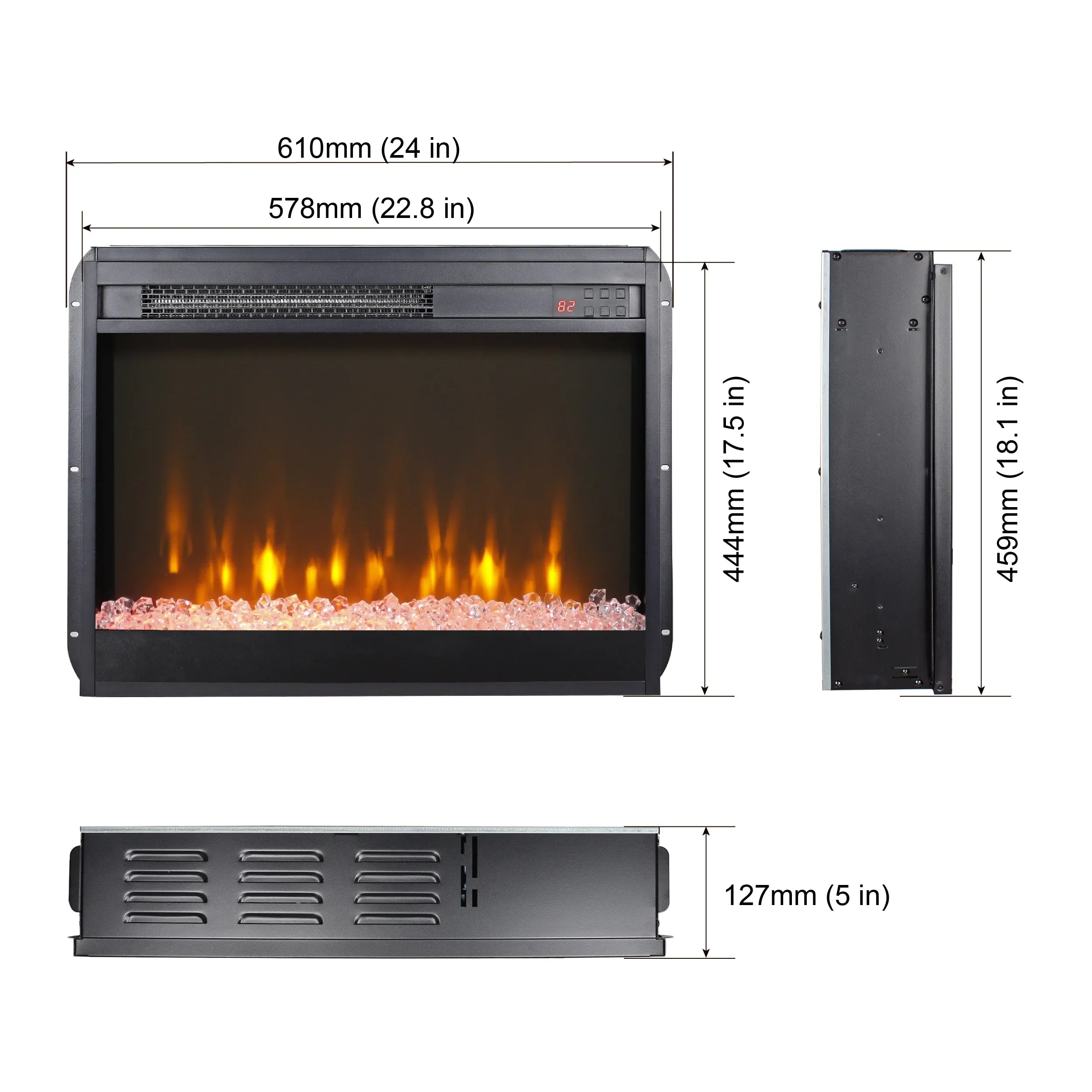 23in Electric Fireplace Insert Ultra Thin Heater Crystal Realistic Flame Remote Control  Timer Overheating Protection Sidelight