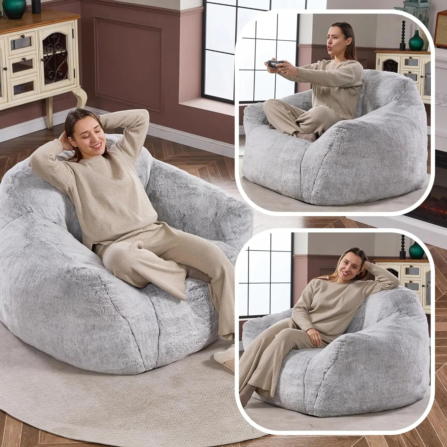 Giant Bean Bag Bag Sofa Chair with Armrests, Bean Bag Couch Stuffed High-Density Foam, Plush Lazy Sofa Comfy