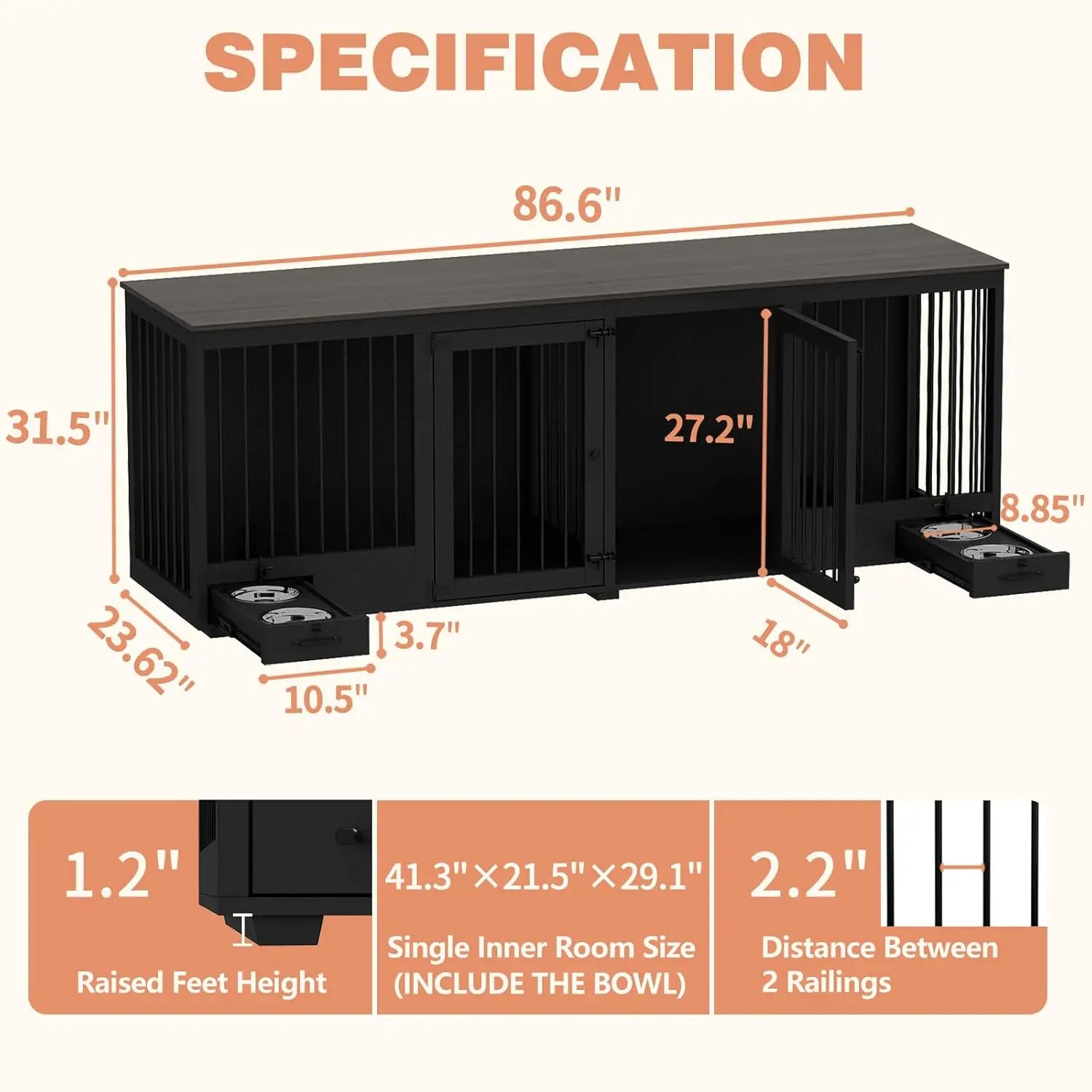 Dog Crate, Heavy Duty Kennel with Pet Bowl Drawers & Divider, Indoor Furniture Style Pet Kennel for Large Medium Dogs, Dog Crate