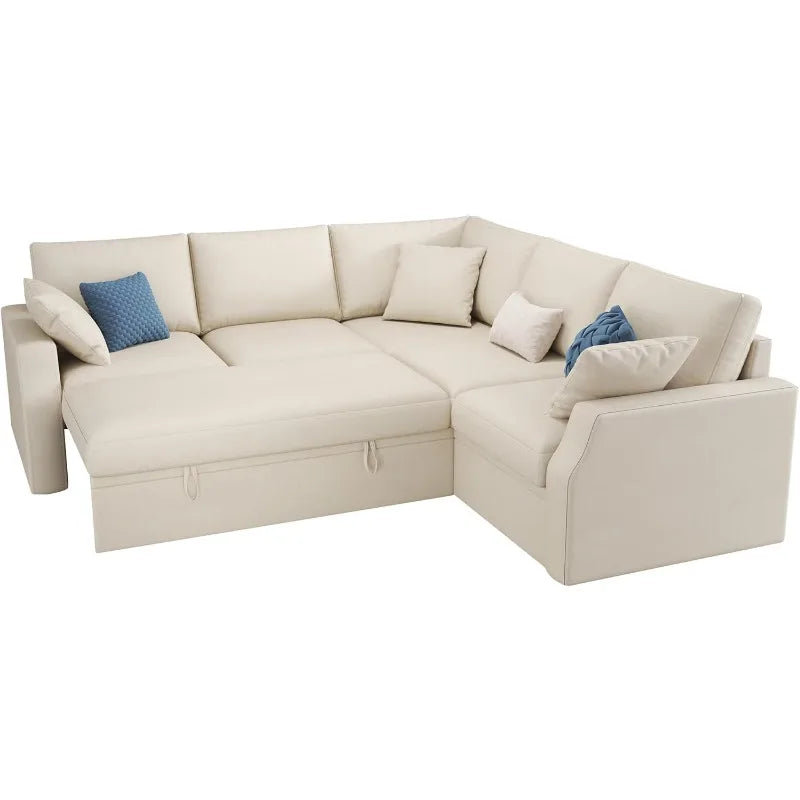 VanAcc Sofa Bed, 85 Inch Sleeper Couch with Storage Seat, L Shaped Sofa with Pull Out Sofa Bed, Sectional Couches