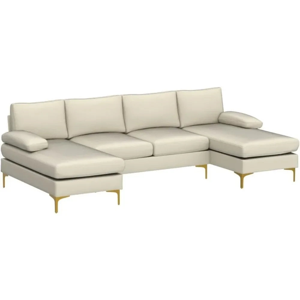 Modern U Shaped Sectional Sofa for Living Room, 110-Inch 6 Seat Large Couch with Double Lounge Chaise for Small Space, Beige