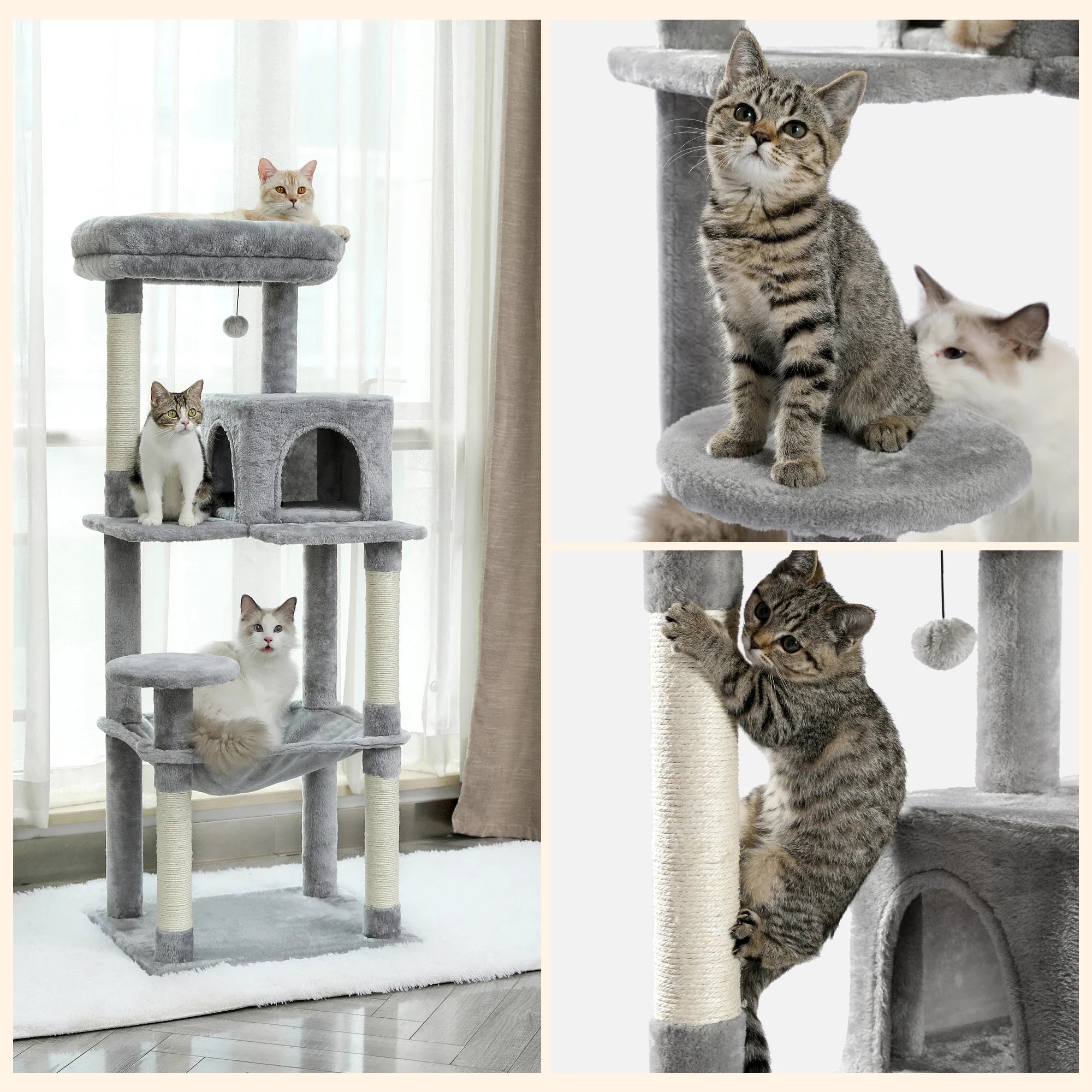 Cat Tree for Indoor Cats 5-Level Cat Tower for Large Cats with Large Hammock Sisal Covered Scratching Posts Cozy Condo Top Perch