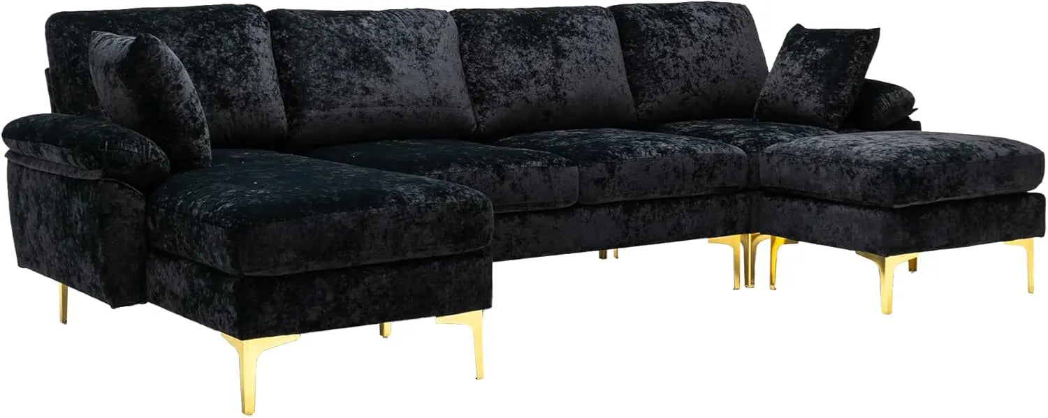 U-Shaped Sectional Sofa Couch, 4 Seat Sofa Set for Living Room, Convertible L-Shaped Velvet Couch Set with Chaise Lounge