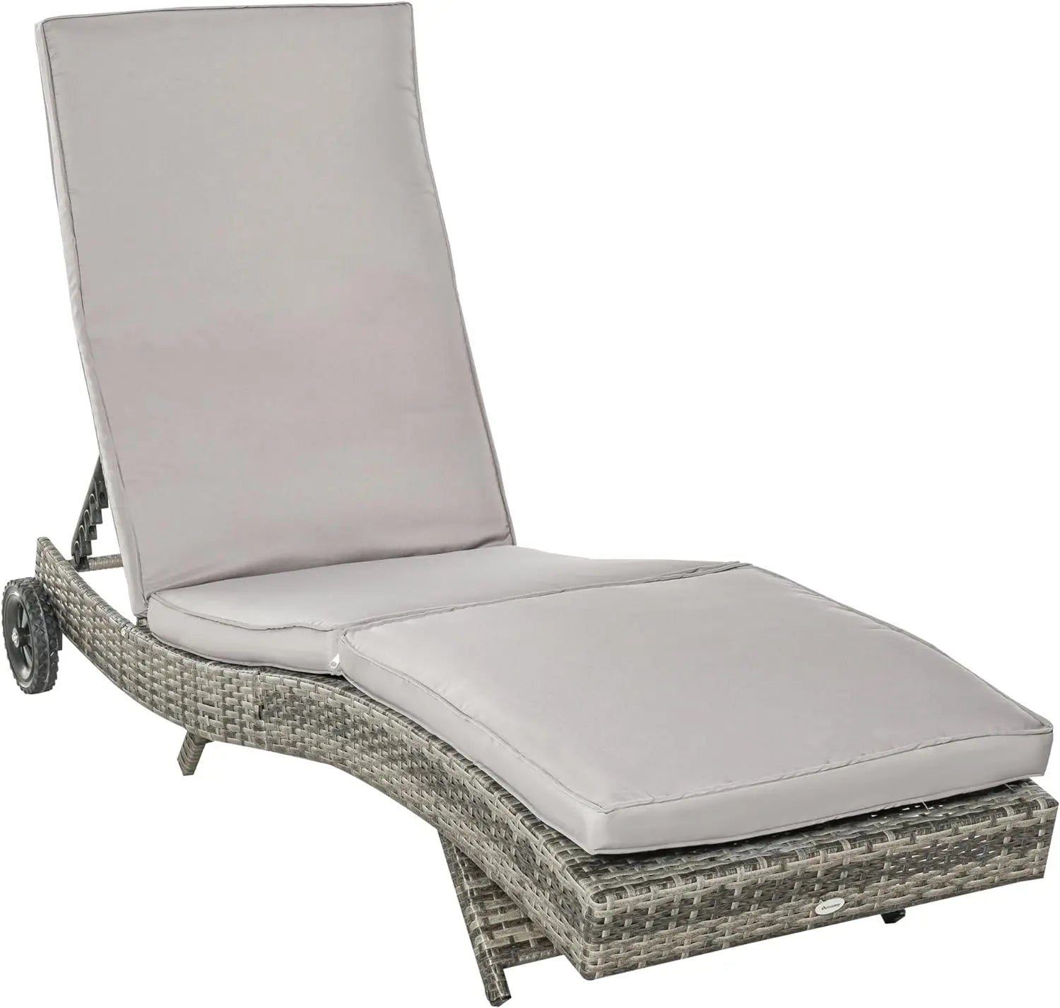 Outsunny Wicker Chaise Lounge Pool Chair, Outdoor PE Rattan Cushioned Patio Sun Lounger w/ 5-Level Adjustable Backrest & Wheels