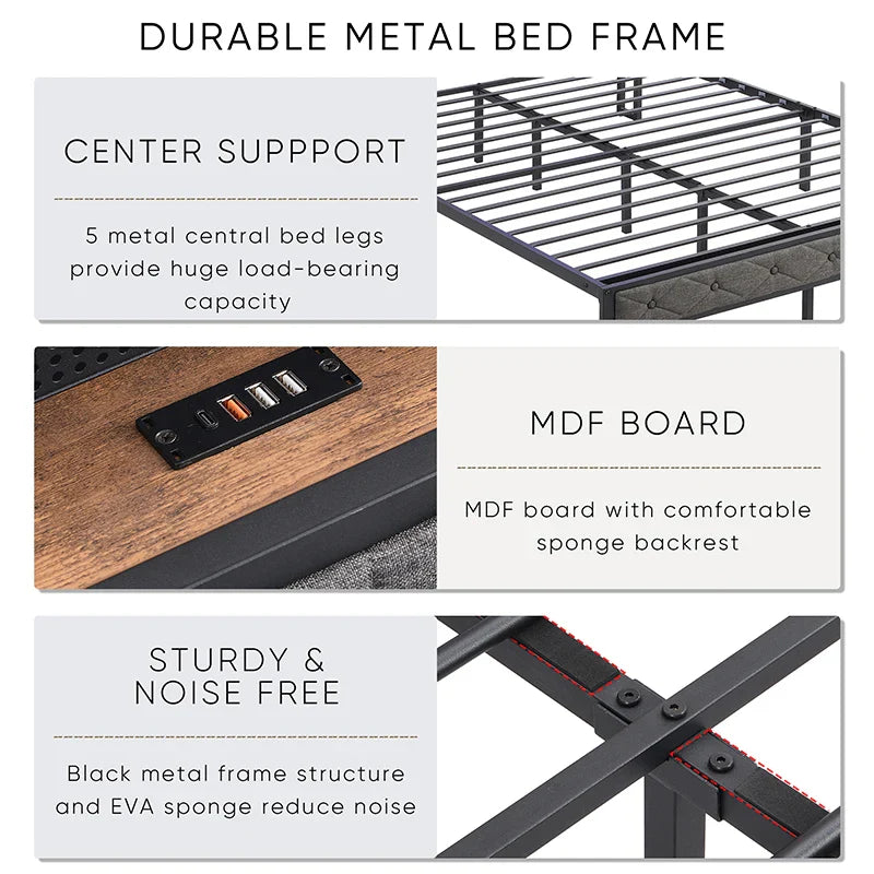 King Bed Frame with Storage Headboard, Charging Station and LED Lights, Upholstered Platform Bed with Metal Slats, Noise Free