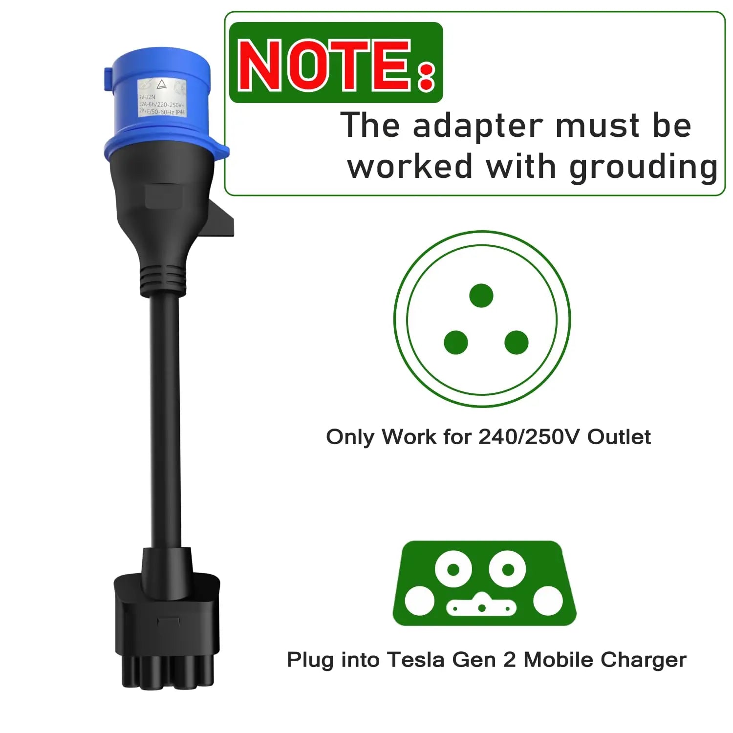 For Tesla model 3 pin Blue CEE Adapter Tesla model X S Y Gen 2 Ev Charger Extension Cord Connector 240V Outlet at 32A 10 in