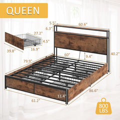 Lifezone Queen Bed Frame With 2-Tier Storage Headboard, Metal Platform Bed Frame With 4 Storage Drawers, Built In Charging