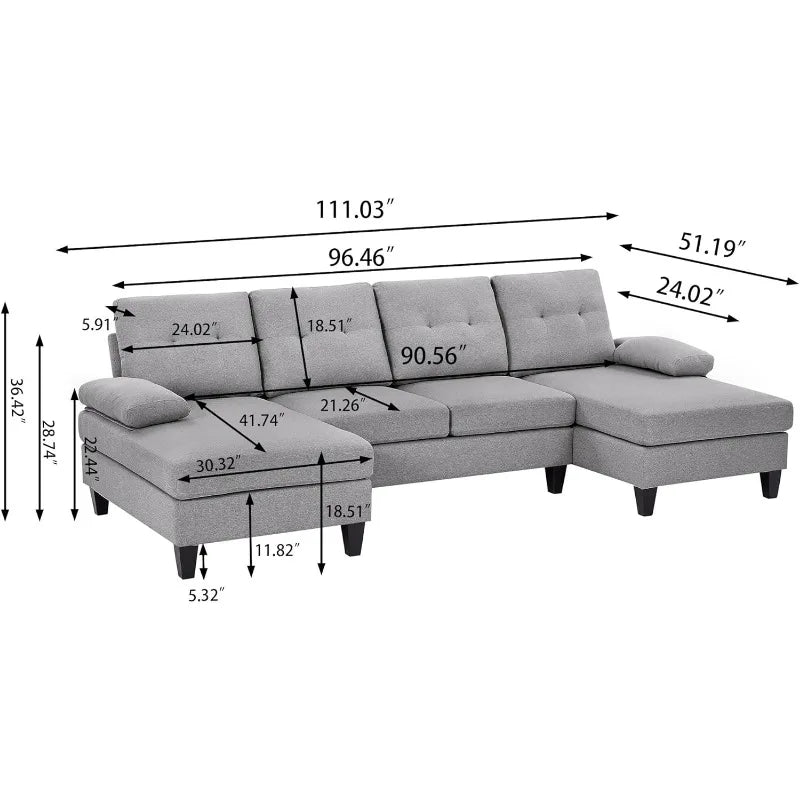 111" Modern U Shape Convertible Sectional Sofa Couch, Polyester Fiber Sleeper Couch with Double Chaise and Portable Armrest