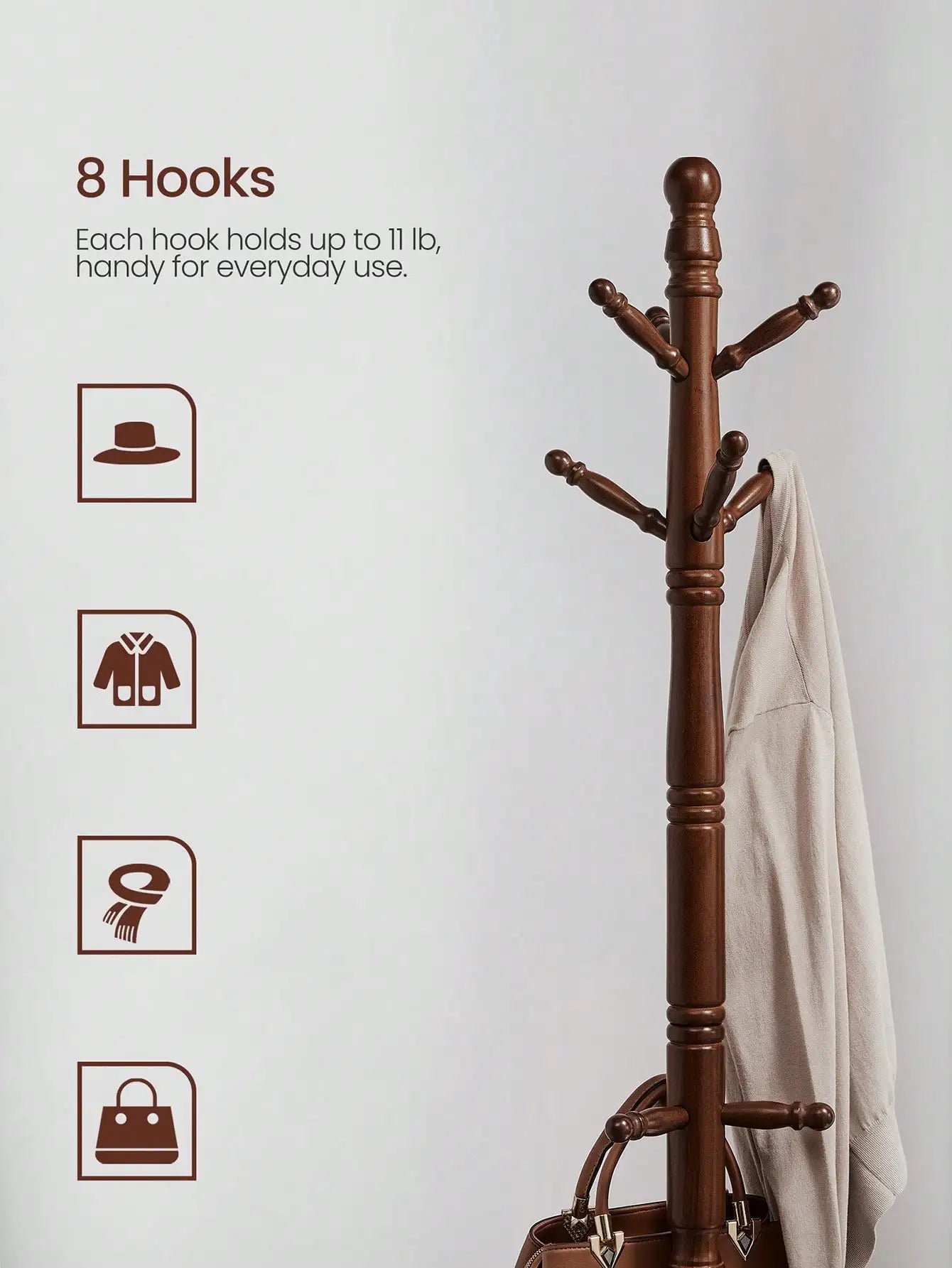 VASAGLE Coat Rack, Solid Wood Coat Stand, Free Standing Hall Coat Tree With 10 Hooks For Coats, Hats, Bags, Purses, For Entry