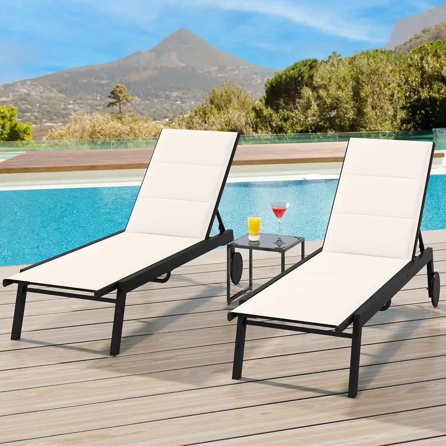 YITAHOME Patio Chaise Lounge Set of 3, Aluminum Outdoor Lounge Chairs with Side Table, Padded Fabric, and Wheels, Adjustable Bac