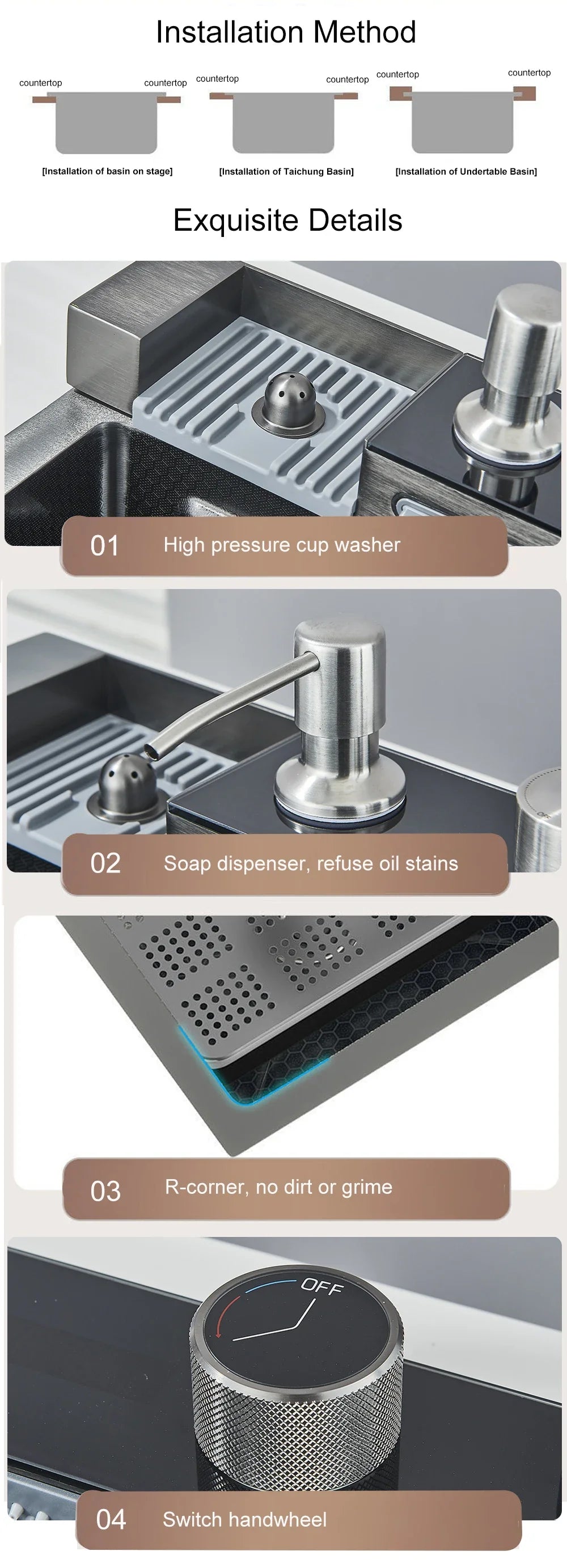 304 Stainless Steel Kitchen Waterfall Sink Digital Display Large Single Sink Dish Basin Sink With Multifunction Touch Waterfall