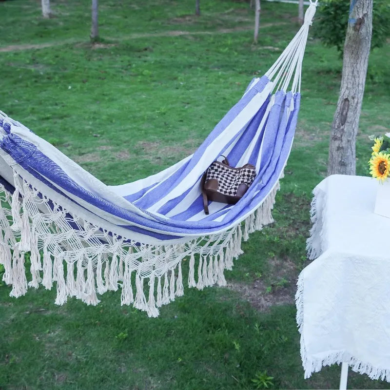 Double Boho Macrame Hammock with Elegant Tassels for Patio, Yard, Beach Wedding Decor, Outdoor and Indoor Up to 450lbs