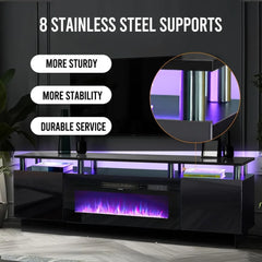 70" Electric Fireplace, LED Light Entertainment Center, 2 Tier Console Stand for TVs Up to 80", Black Modern TV Stand