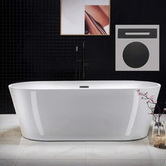 71" Acrylic Freestanding Bathtub Contemporary Soaking White Tub with Matte Black Overflow and Drain Easy Clean,Easy Maintenance