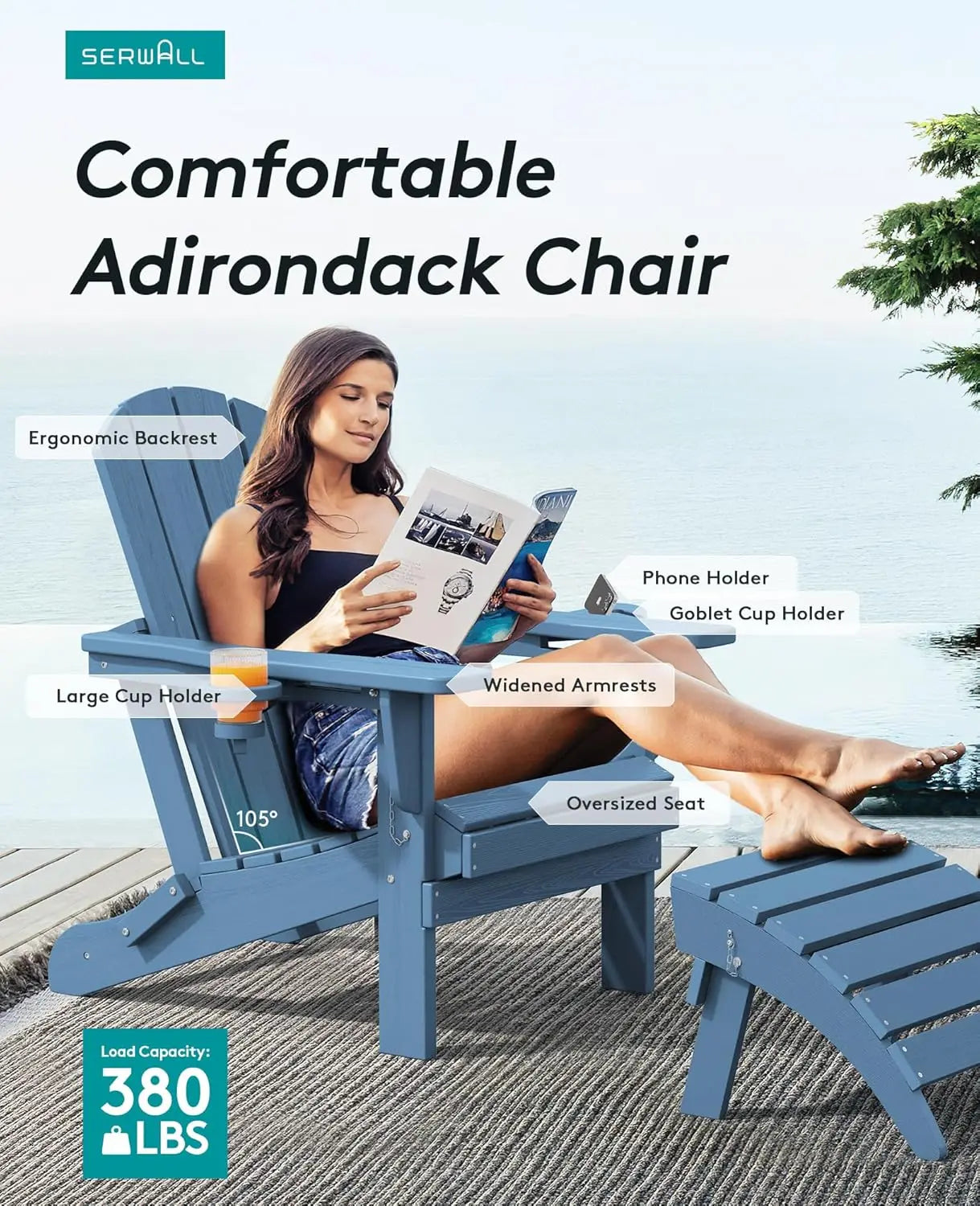 Folding Adirondack Chair, HDPE Adirondack Chairs Set of 4, Plastic Outdoor Chairs- Looks Exactly Like Real Wood- Navy