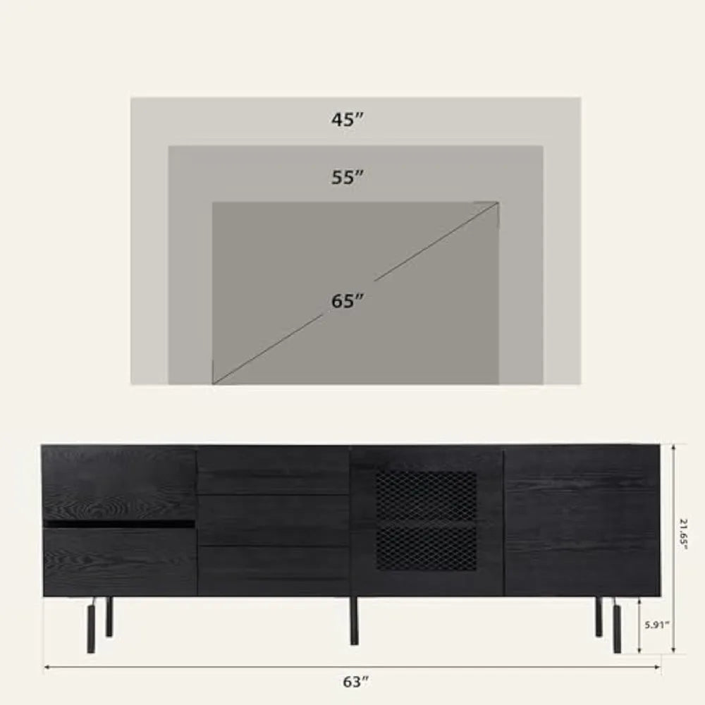 63” Minimalist TV Stand, Full-Assembled Black TV Console, Modern Solid Wood Media Console