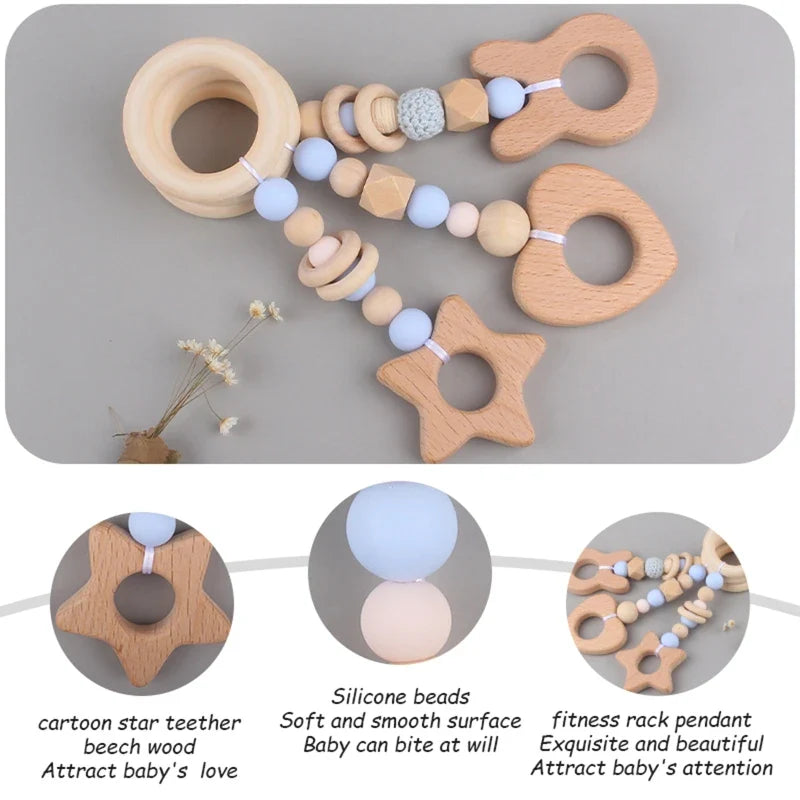 3/4 Pcs Baby Gym Frame Beech Wood Ring Baby Fitness Rack Pendants Silicone Beads Teether Newborn Stroller Rattle Play Gym Toys