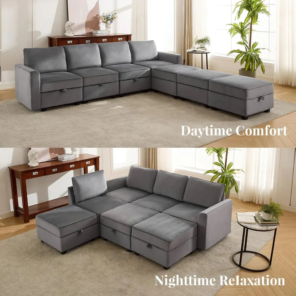 110" Modular Sectional Sofa with Storage, 6 Seat Convertible Couches for Living Room, Velvet U Shaped Sofa Bed Couch, Grey