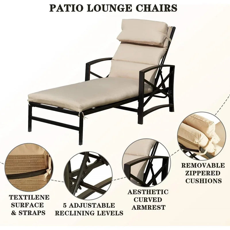 3Pcs Outdoor Lounge Chair Patio Chaise Set Including 2 Recliners with Adjustable Backrest Removable Cushions Khaki