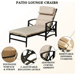 3Pcs Outdoor Lounge Chair Patio Chaise Set Including 2 Recliners with Adjustable Backrest Removable Cushions Khaki