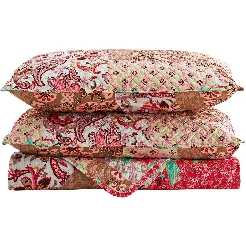 3-Piece Quilt Set with 2 Pillow Shams- Boho Reversible Soft and Lightweight Quilt Bedding Bedspread Coverlet Set