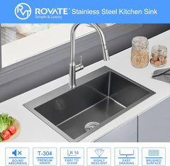 ROVATE 25x22 Inch Drop In Black Kitchen Sink 9 Inch Deep Single Bowl Laundry Utility Stainless Steel Outdoor Sink