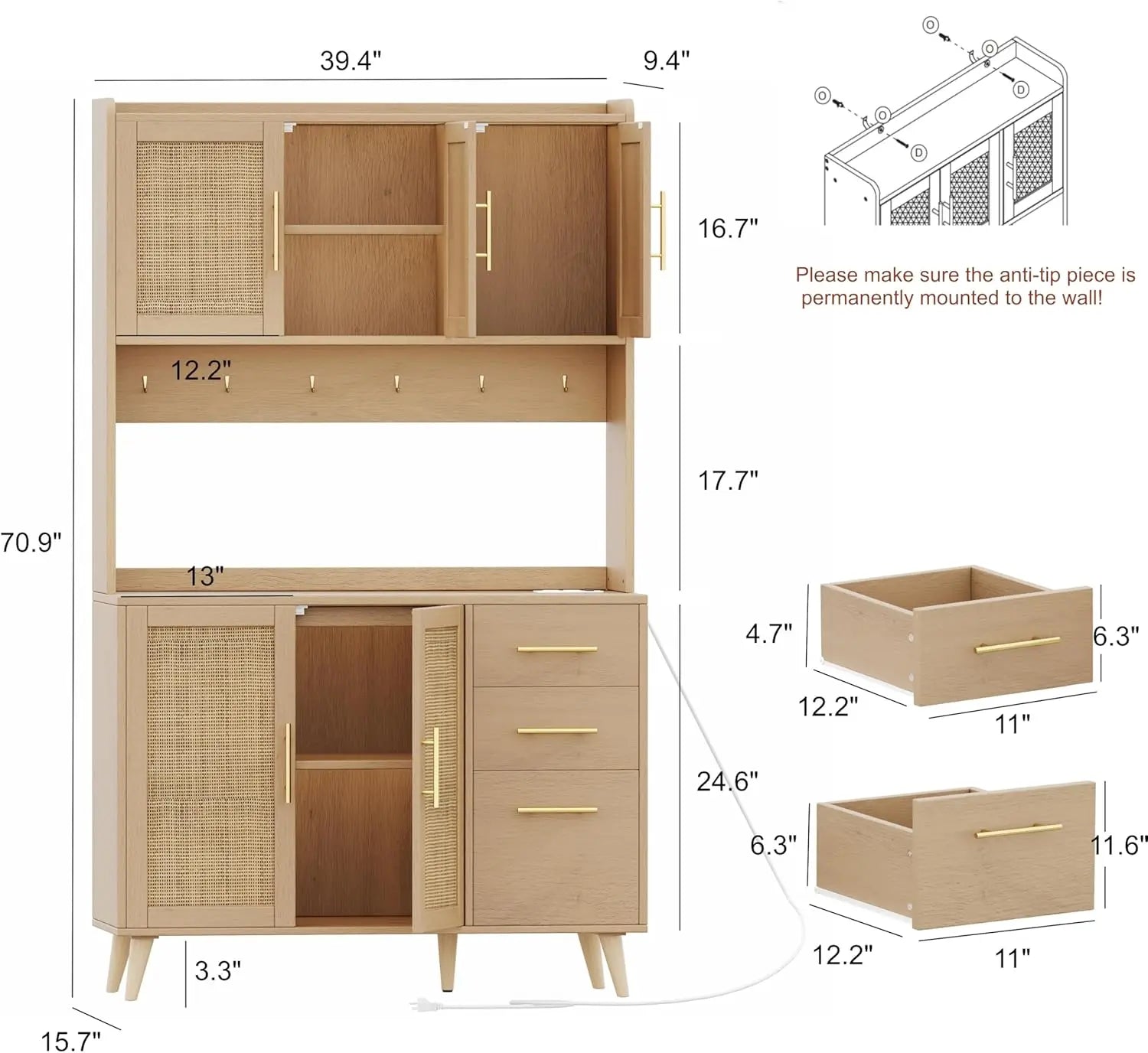 70.9" Kitchen Pantry Cabinet with Microwave Shelf,Rattan Kitchen Hutch Cabinet with Charging Station,Tall Floor Cupboard Cabinet